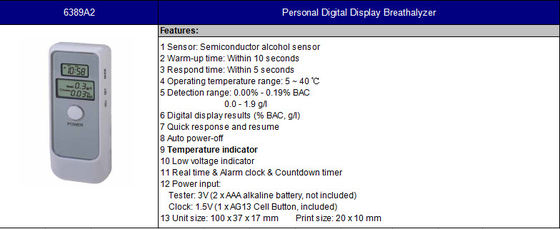 Sensore Bac Tester personale 6389a2 dell'alcool a semiconduttore con un accumulatore alcalino di 2 X Aaa